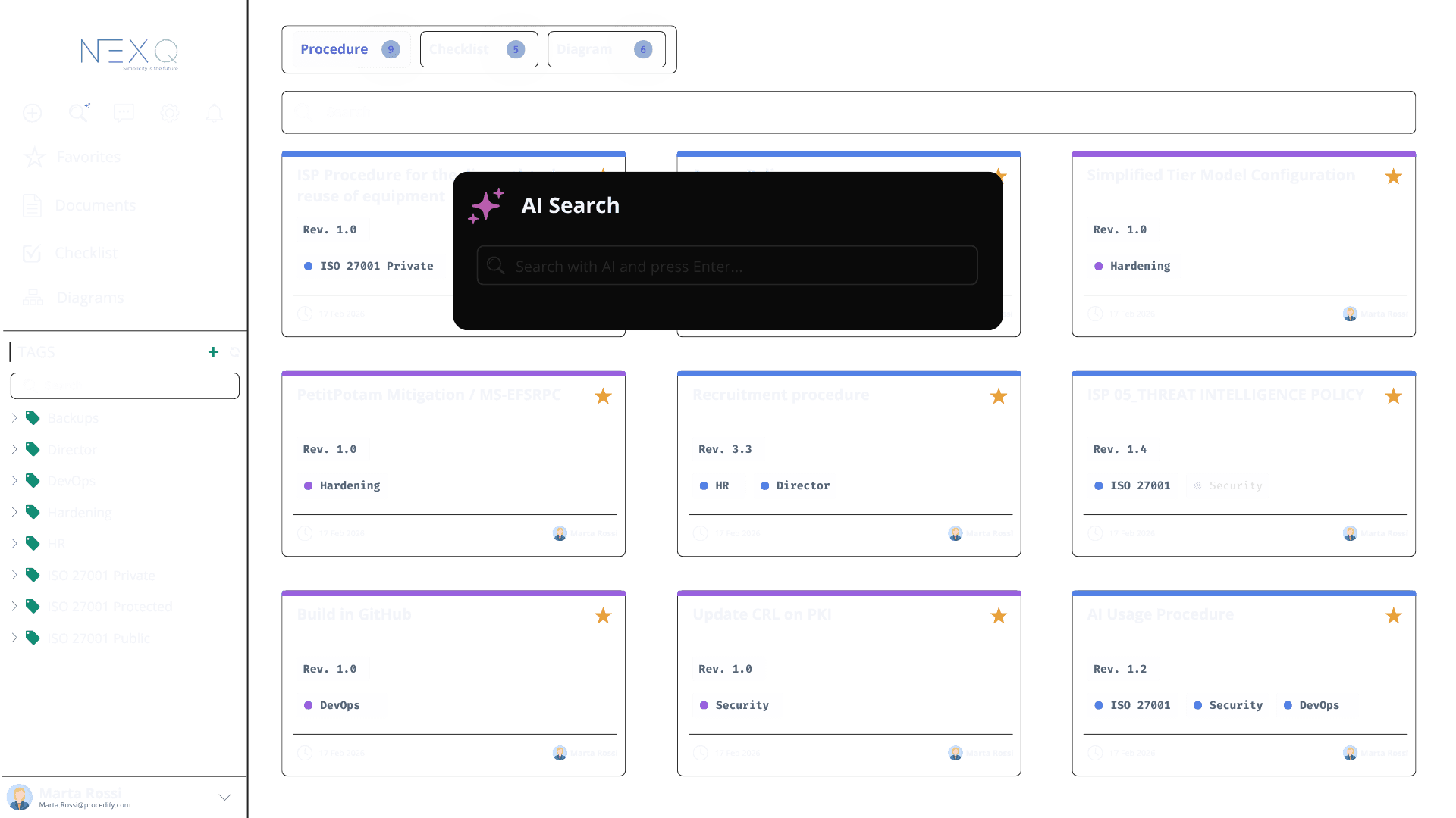 Interroga procedure, checklist, corsi e documenti come se fossero una sola base di conoscenza.